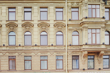 Saint Petersburg, RUSSIA - July 08, 2018: Fragment of a beautiful historical building of the city of Saint Petersburg. Front view.