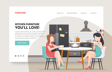 Minimal Kitchen banner illustartion.  Kitchen modern fluid design template.  Illustration slide for furniture website.