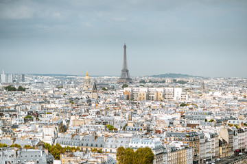 Aerial panoramic view of Paris from the Notre-Dame cathedral with Eiffel tower during the morning light in France