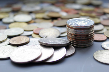 Old and rusty Russian coins. Scattered coins in full-frame background.