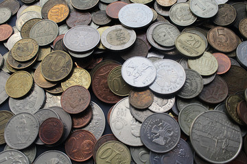 Old and rusty Russian coins. Scattered coins in full-frame background.