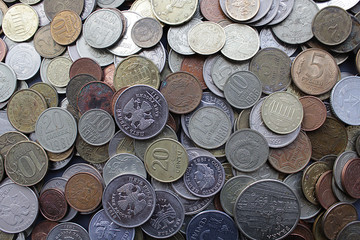 Old and rusty Russian coins. Scattered coins in full-frame background.