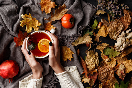 Autumn composition. A cup of fragrant tea with lemon on a dark table with autumn leaves and flowers.
