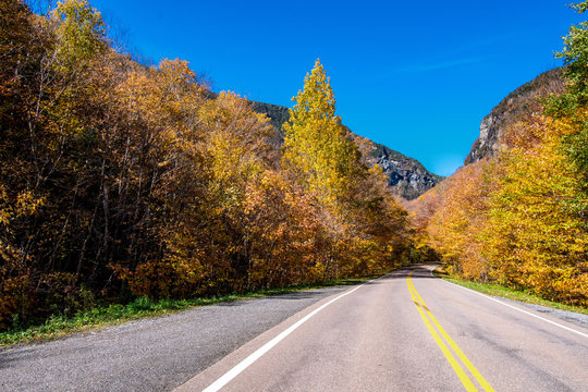 Road in autumn scene in Vermont mountains near Stowe