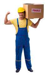 Young contractor with fragile boxes isolated on white