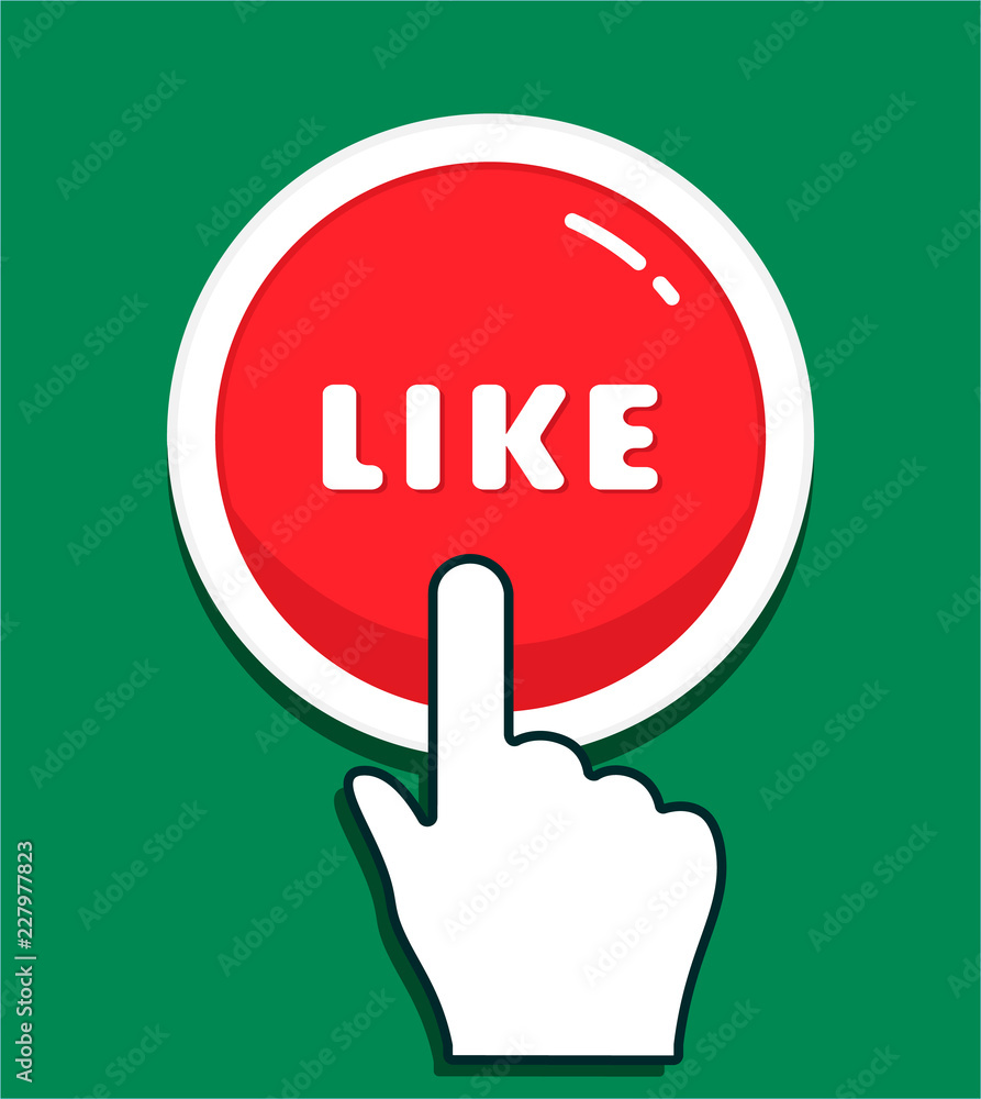 Poster hand cursor clicks the round like button. hand icon pointer. illustration for graphic and web design