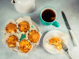 Homemade double cheese muffins with feta and mozzarella. Tasty easy cooking snack. Top view