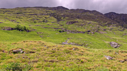 Fototapeta na wymiar Highland vista in Glencoe near Lochaber, Scotland, United Kingdom, site of the inamous 1692 massacre of the MacDonald clan by the Campbells