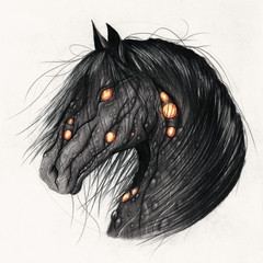 Drawing of a zombie horse with glowing yellow eyes  © Artem Rodionov