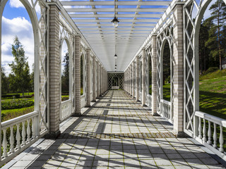 An outside corridor in the beautiful Havulinna (Coniferous Castle) in Ahlströmin Ruukki, Finland