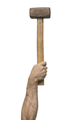 Old sledgehammer in a man's hand. White background. Isolated
