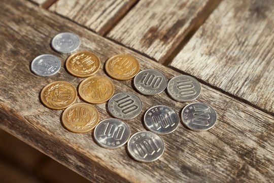 Japanese coins on a table