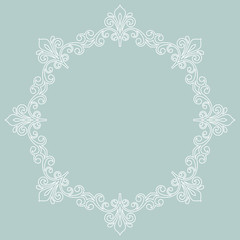 Oriental round white frame with arabesques and floral elements. Floral border with vintage pattern. Greeting card with place for text