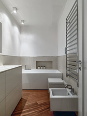 modern bathroom interior in the foreground the bidet and chrome water radiator while  in the background the bathtub, the floor is made of wood