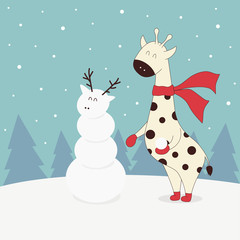 winter illustration with giraffe