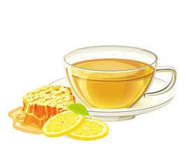 Cup of herbal tea with lemon and honeycomb. Illustration on isolated white background