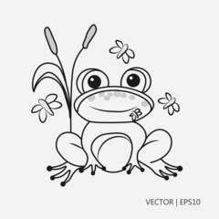 Vector illustration: Happy frog in the swamps. Flat design. Drawings for children, coloring pages