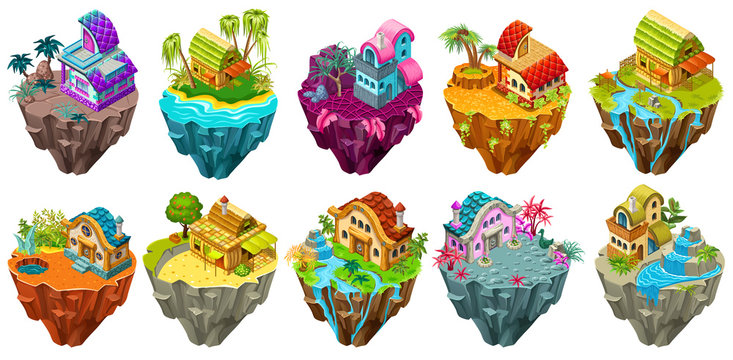 Set 3d isometric buildings on the islands with different climates and decoration for computer games. Straw, wooden, stone сottages and elements landscape design. Isolated vector cartoon illustration.
