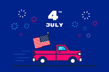 Pickup truck in flat style with the American flag, independence day - 4 th July