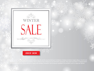 Fototapeta na wymiar Winter shopping sale banner with lettering. Snow blurred background. Holiday sale with snowflakes over grey background