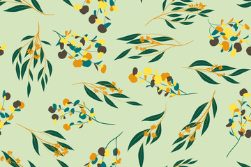 Bright Floral Seamless Pattern. Vector Eucalyptus Leaves and Beautiful Blossom Elements. Colorful Botanical Summer Background. Floral Seamless Pattern for Wedding Design, Print, Textile, Fabric, Paper