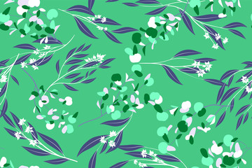 Fototapeta premium Tropical Seamless Pattern. Vector Eucalyptus Leaves and Beautiful Floral Elements. Botanical Summer Background. Elegant Tropical Seamless Pattern for Wedding Design, Print, Textile, Fabric, Wrapping.