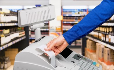 Cash register with LCD display and worker's