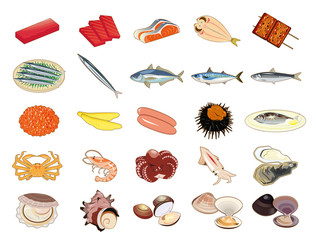 食材アイコン・イラスト【魚介類】①（まぐろ、かに、えび、貝）