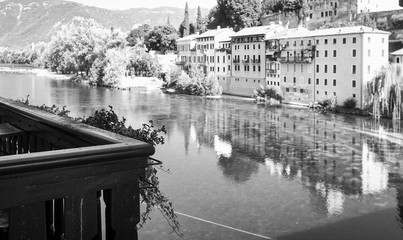 Bassano del Grappa (Italy, Veneto Region): Old city and Brenta river. Black and white photo