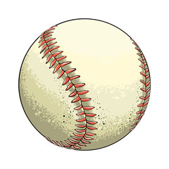 Hand drawn sketch baseball ball in color, isolated on white background. Detailed drawing in the style of vintage. Vector illustration