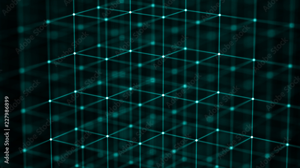 Poster Block chain concept. Network connection. 3D Rendering. Big data visualization. 4k rendering.