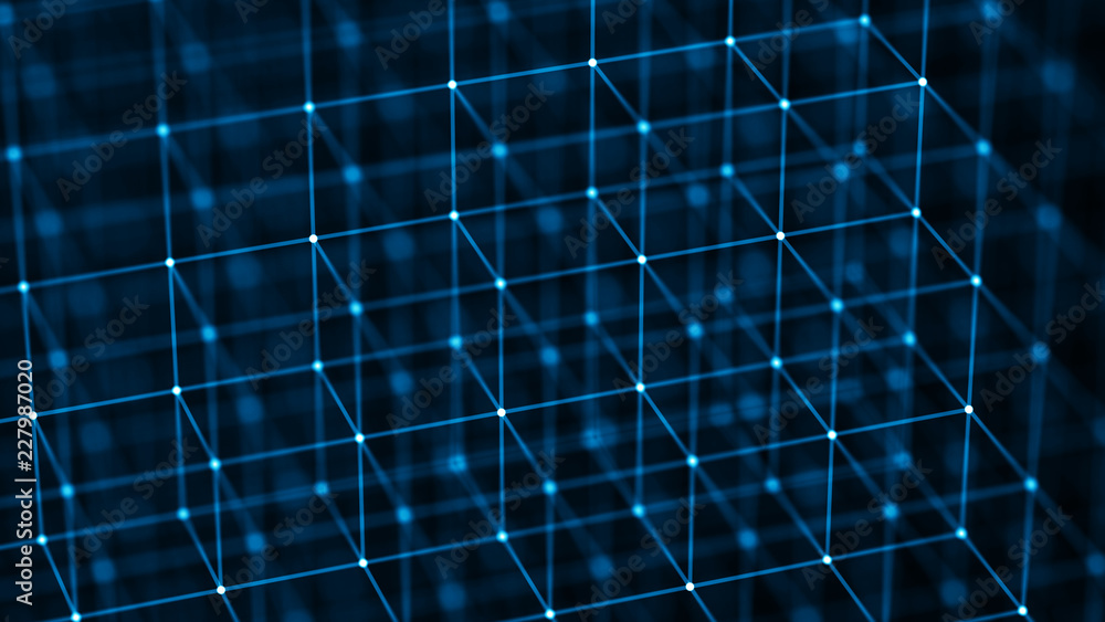 Poster Block chain concept. Network connection. 3D Rendering. Big data visualization. 4k rendering.
