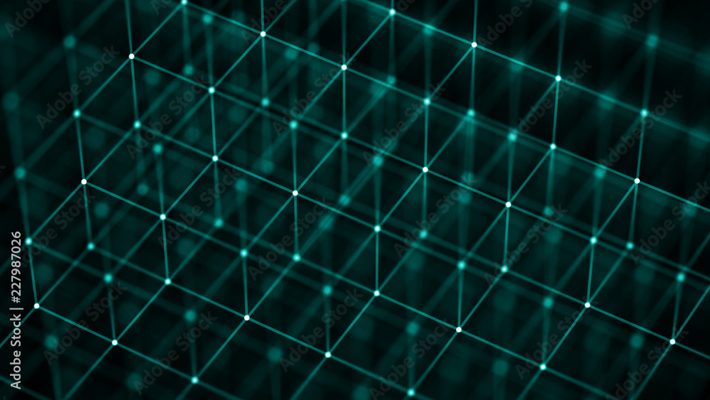 Poster Block chain concept. Network connection. 3D Rendering. Big data visualization. 4k rendering.