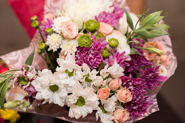 Large bouquet of multicolored chrysanthemums