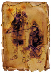 Samurais. An hand drawing and painting. Vintage, retro.