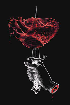 Hand holding a dagger. Heart pierced with a dagger. Graphic hand drawn illustration. Can be printed on a t-shirt, postcards, tattoo, books images, etc.