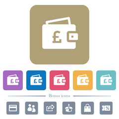 Pound wallet flat icons on color rounded square backgrounds