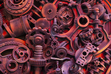 Steampunk background, machine parts, large gears and chains from machines and tractors.
