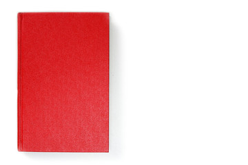 Fototapeta premium Blank red leather book cover, front side view. Empty hardcover mock up, isolated on white background.