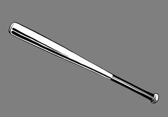 Hand drawn sketch of baseball bat in black on grey background. Detailed vintage style drawing, for posters, decoration and print.. Vector illustration