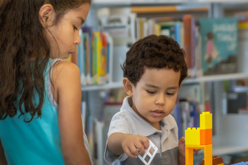 Big sister and Littel brother playing at the library.