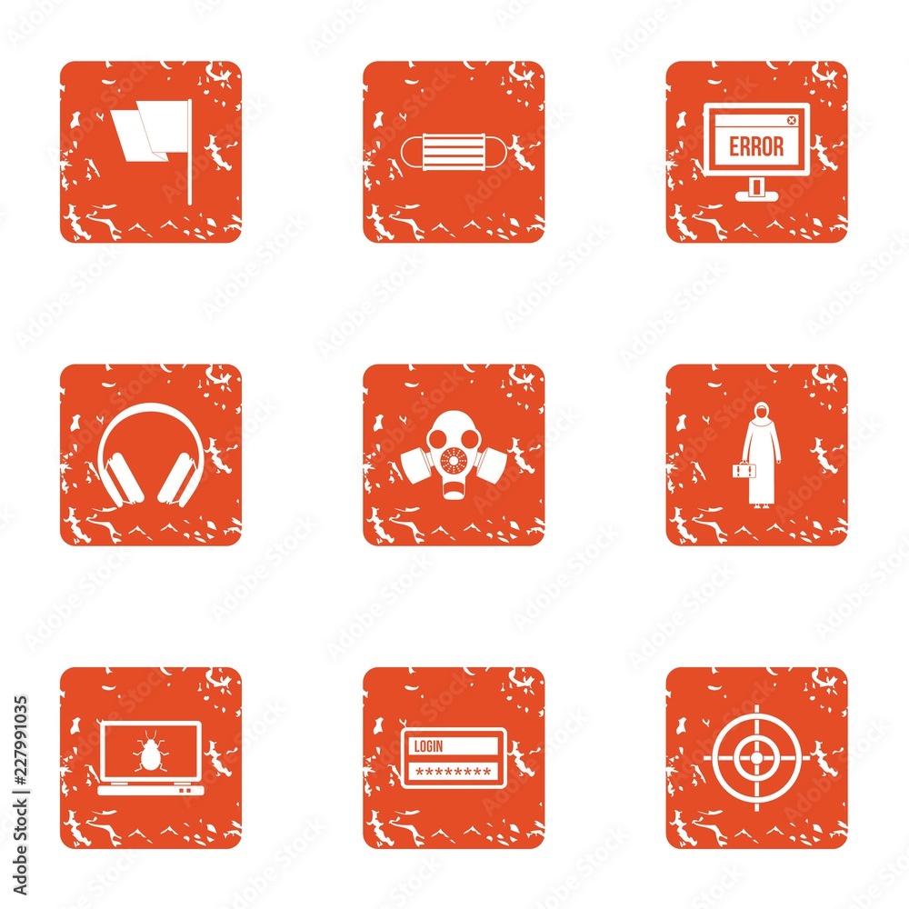 Poster computer error icons set. grunge set of 9 computer error vector icons for web isolated on white back