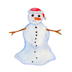 watercolor illustration of a dripping snowman with a christmas hat