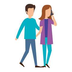 young couple with smartphone characters