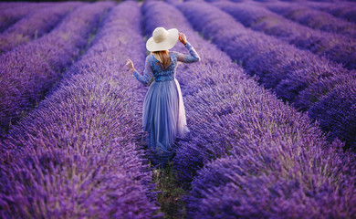 Woman in lavender flowers field at sunset in purple dress. France, Provence.