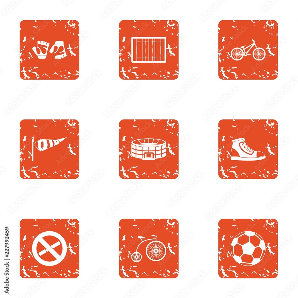 Poster lesson at stadium icons set. grunge set of 9 lesson at stadium vector icons for web isolated on whit