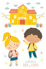 Happy first day of school card design. Kids going to school. Smiling boy and girl in school uniforms with backpacks in schoolyard. School building exterior. Cartoon vector illustration in flat style.