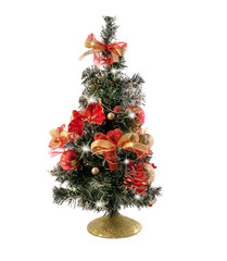 Christmas fir tree with cone pine, balls and light garlands isolated on white background.