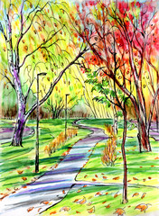 Landscape autumn boulevard with a walkway and trees, watercolor sketch.