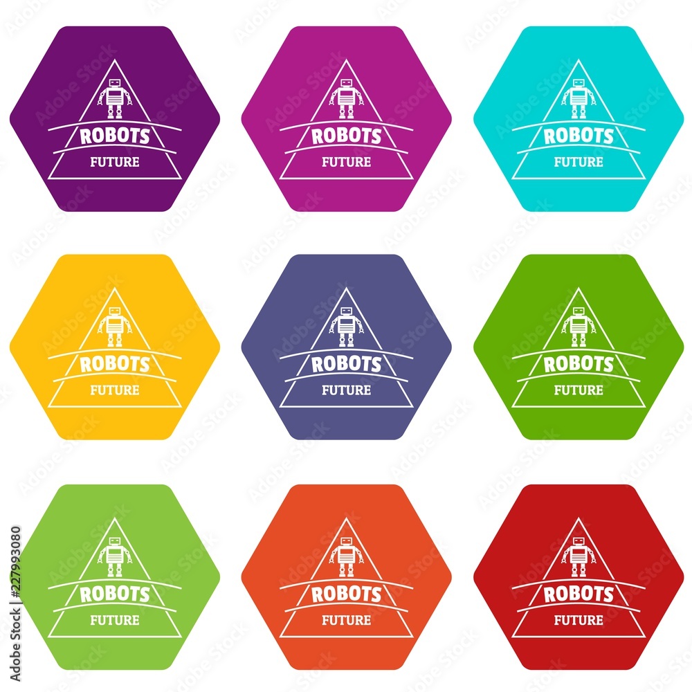 Poster robot future icons 9 set coloful isolated on white for web